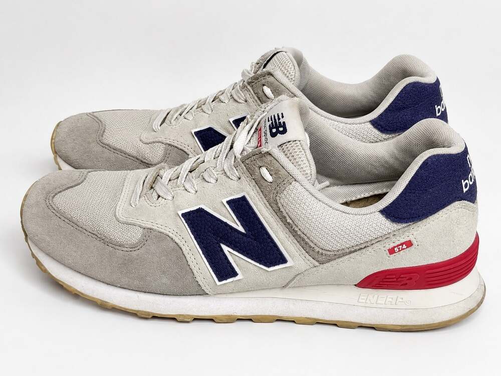 New Balance 574 Classic Gray Navy Red Suede Mesh Sneakers Men’s 9
